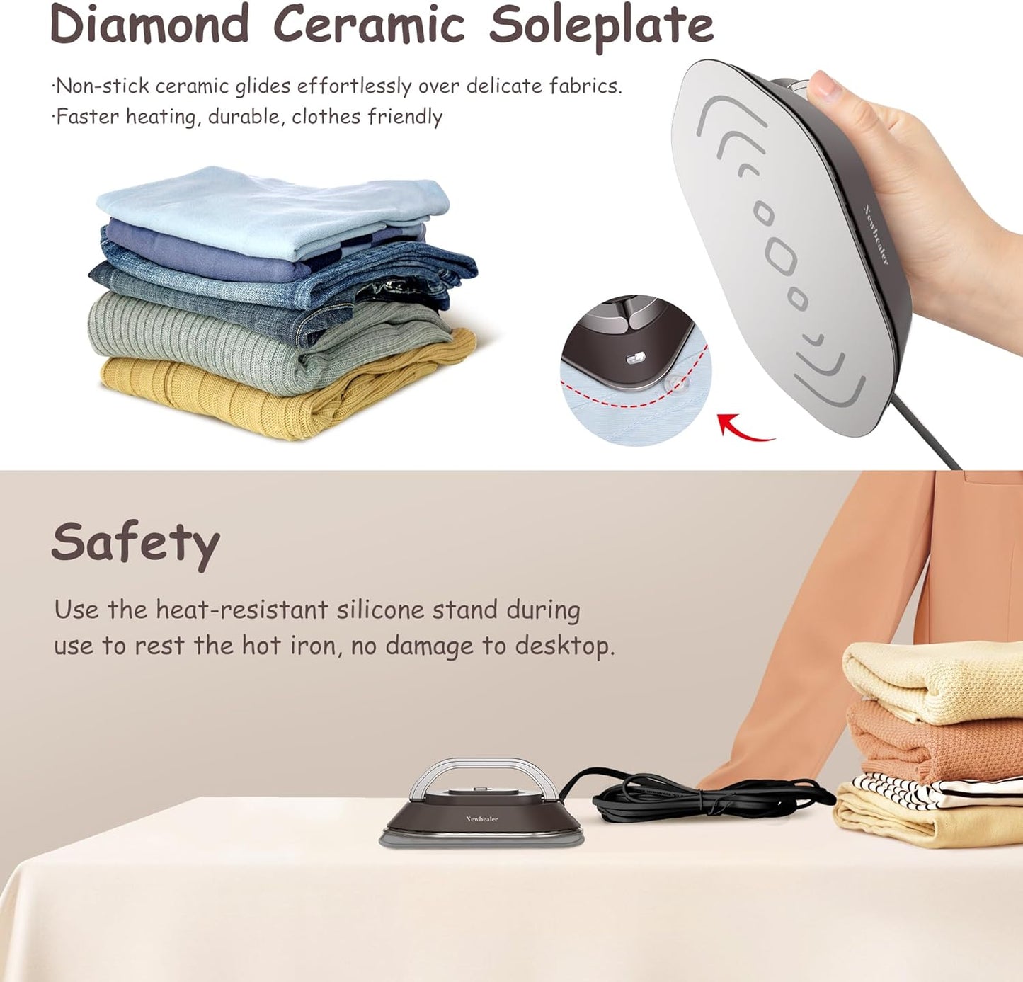 Newbealer Travel Iron - Mini Dry Iron with Global Voltage, 300W Power, Non-Stick Soleplate, 0.8lbs (Brown)