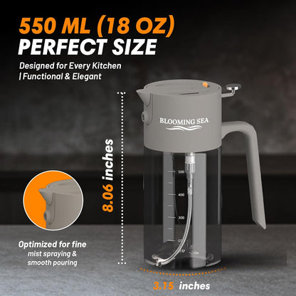 Skiennix 2-in-1 Oil Sprayer & Dispenser - 550ml Glass Olive Oil Bottle, BPA-Free & Leakproof, Gray