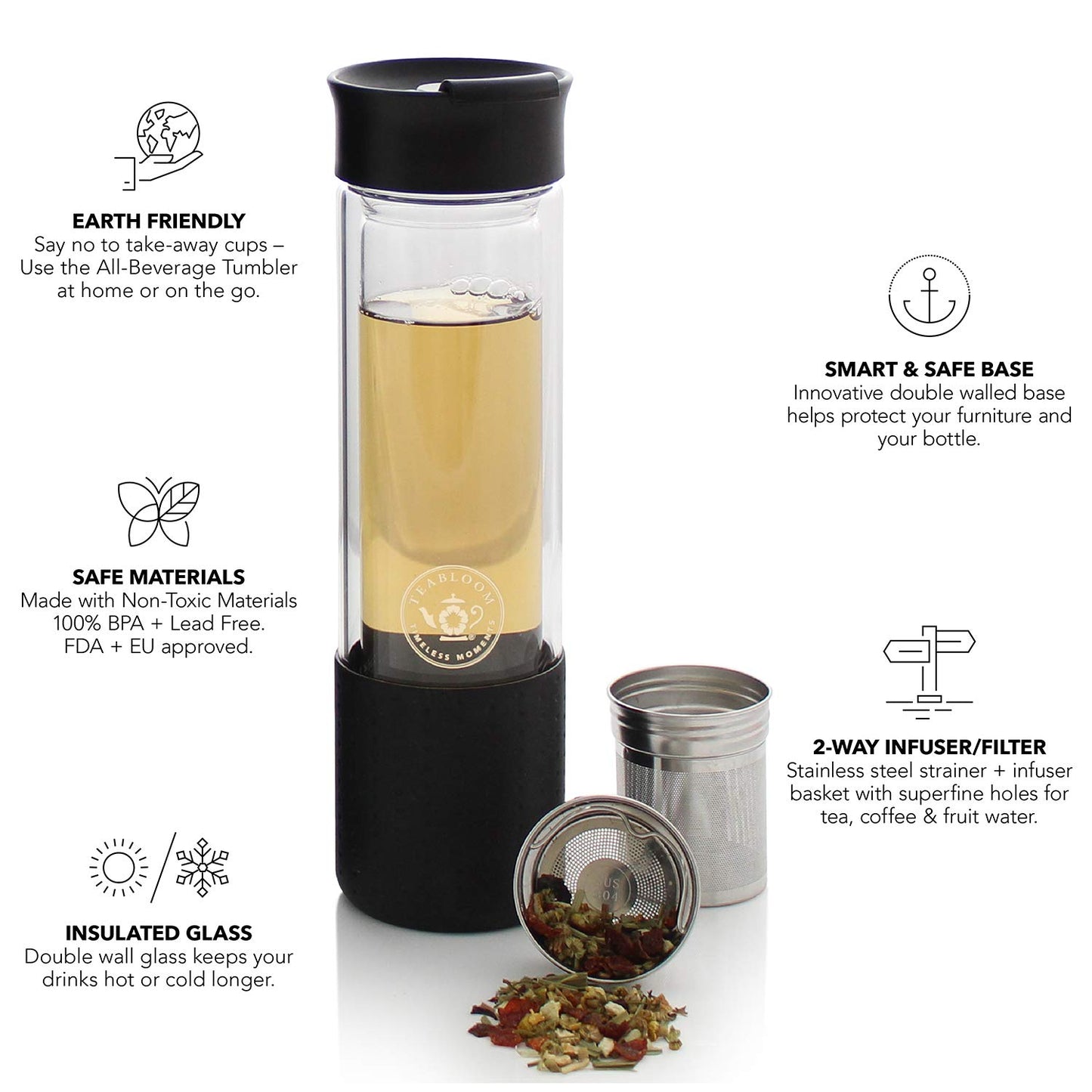 Teabloom All-Purpose Beverage Double-Wall Glass Tumbler - 13.5 oz / 400 ml - Trailblazer Tea Travel Bottle