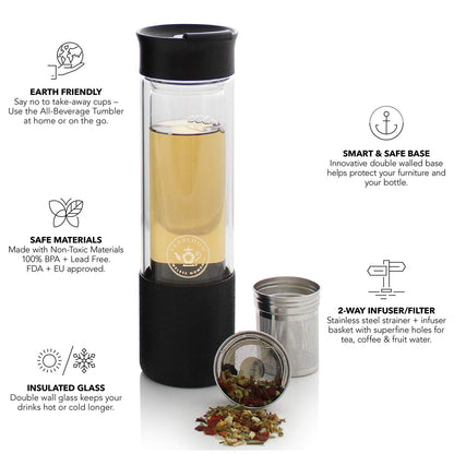 Teabloom All-Purpose Beverage Double-Wall Glass Tumbler - 13.5 oz / 400 ml - Trailblazer Tea Travel Bottle