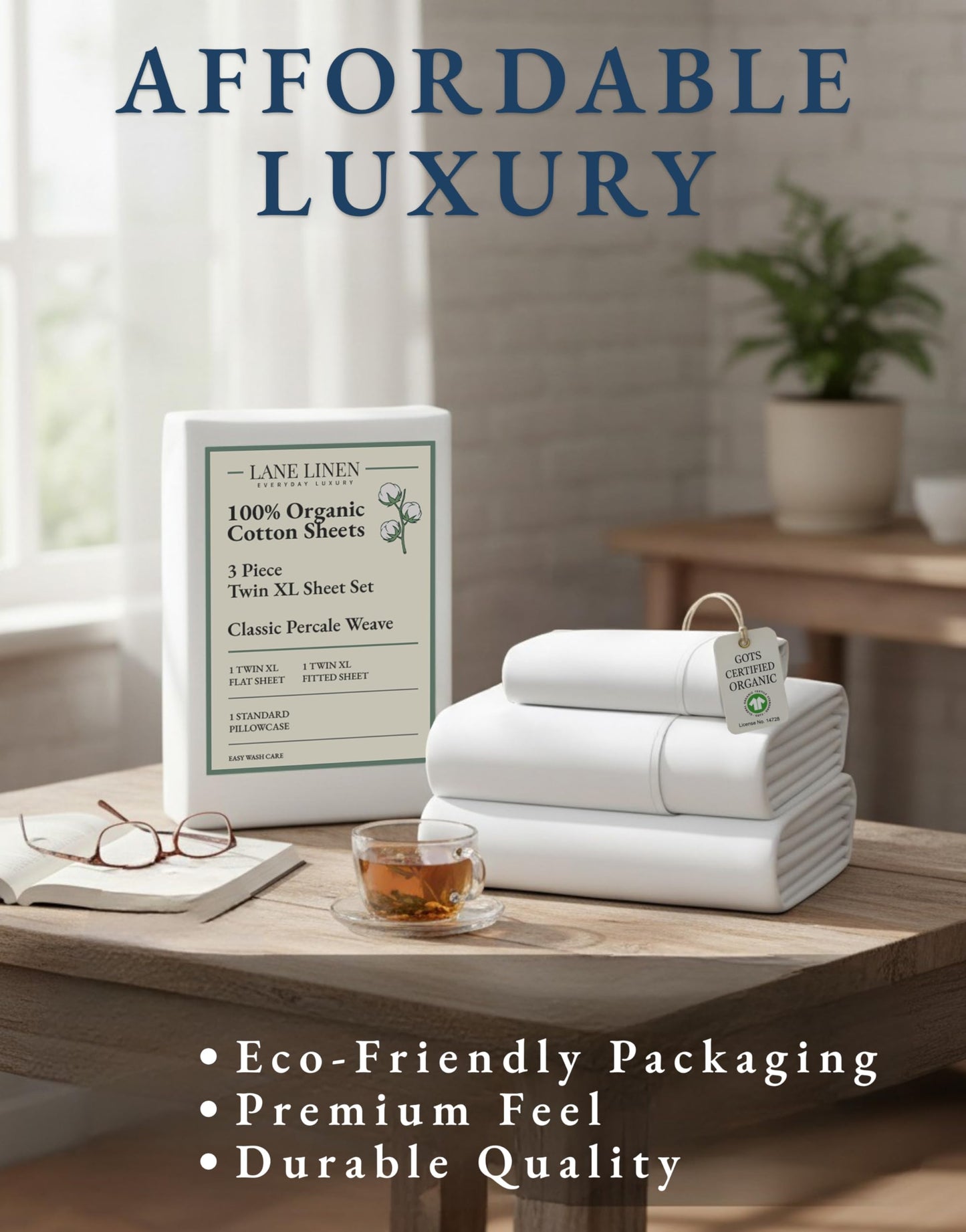 LANE LINEN 100% Organic Cotton White Twin XL Sheets Set 3-Piece Pure Percale Soft Bedding Breathable Fits Mattress Upto 15" Deep