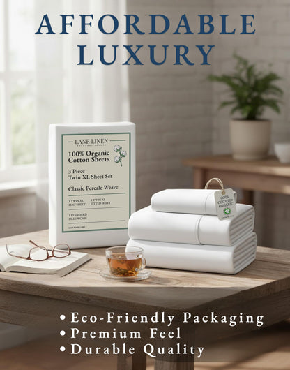 LANE LINEN 100% Organic Cotton White Twin XL Sheets Set 3-Piece Pure Percale Soft Bedding Breathable Fits Mattress Upto 15" Deep
