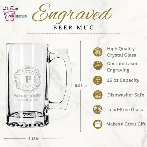 Inscribed Personalized 16 oz Beer Mug by Gifts | Custom Engraved Glass - Unique Gift for Dad, Husband, or Special Occasions