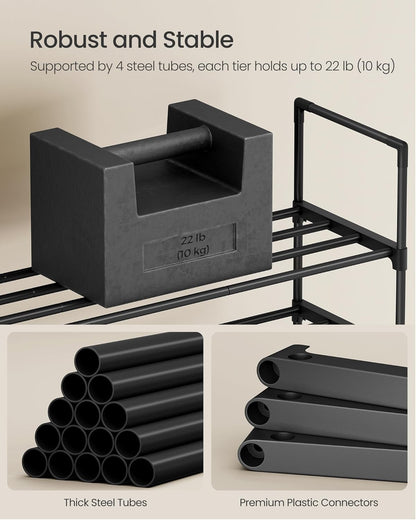 SONGMICS 4-Tier Shoe Rack - Stackable Metal Organizer for 10-15 Pairs | Black, 11.8 x 26.8 x 28.4 Inches