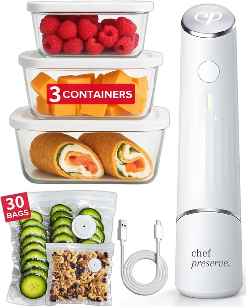 Chef Preserve Compact Vacuum Sealer - Powerful Handheld Food Sealer with 3 Glass Containers & 30 Bags