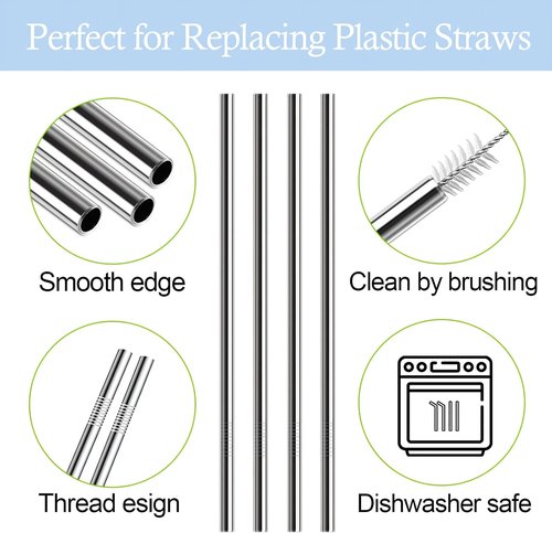 Ello | Metal Straws Replacement - 6 PCS Reusable Stainless Steel Straws with 2 Cleaning Brushes