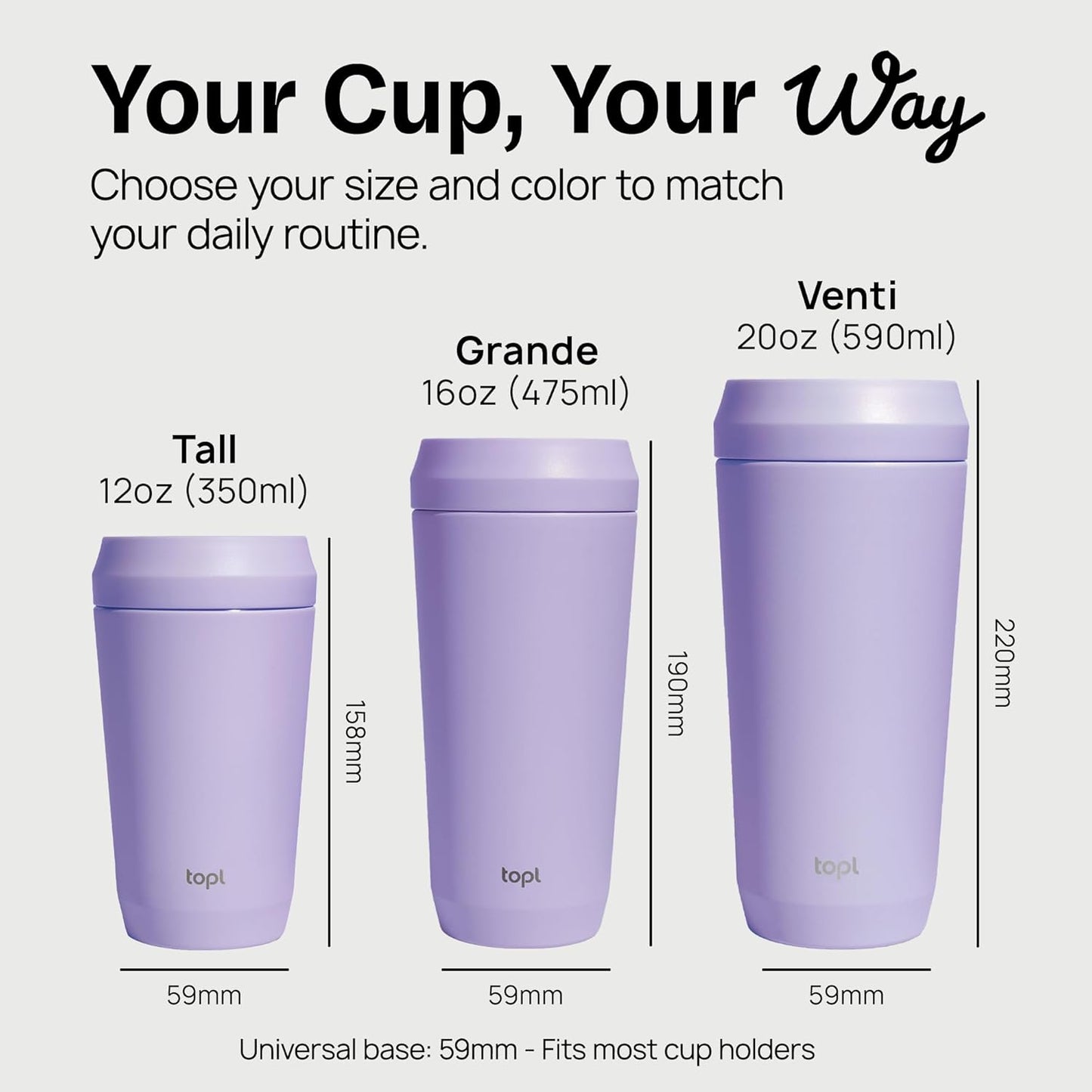 TOPL To Go Coffee Cup - Insulated Stainless Steel Travel Mug with 360° Leak-Safe Lid | Lavender, 16 oz