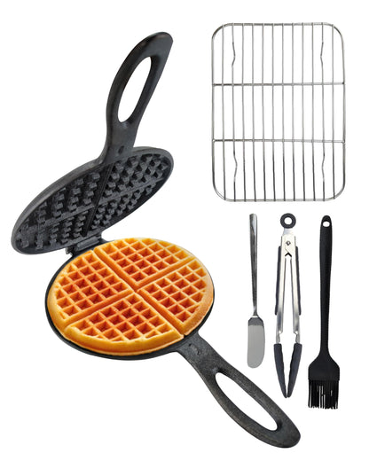ZURRITO Cast Iron Waffle Maker 7 inch Round Waffles Bundle Set, Stove Top Waffle Maker, Cast Iron Waffle Pan for Camping Grill or Stovetop, Camping Waffle Maker, 4.4 pounds