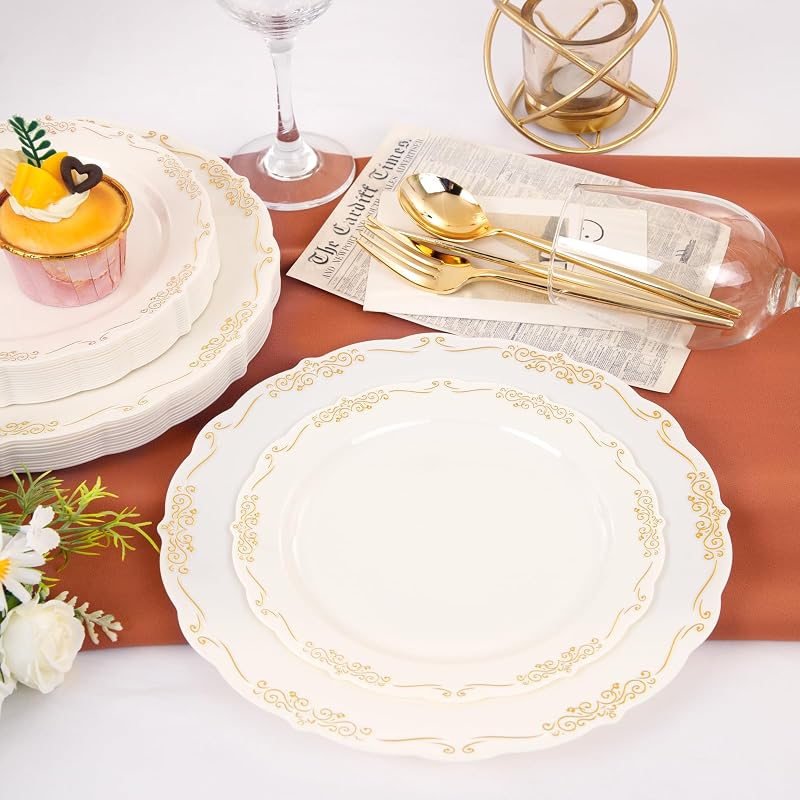Ivory Plates with Gold Rim - 100 PCS Disposable Dinner & Dessert Plates - BPA Free - Ivory Gold (Variation: Ivory Gold)