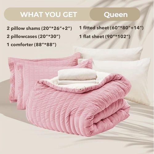 HYMOKEGE Queen Comforter Set - Luxurious 7-Piece Seersucker Bedding in Pink/Ivory for All Seasons