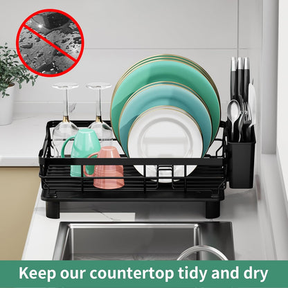 MOUKABAL Stainless Steel Dish Drying Rack - Removable Utensil Holder & Drainboard | Black, 13"W x 17"L