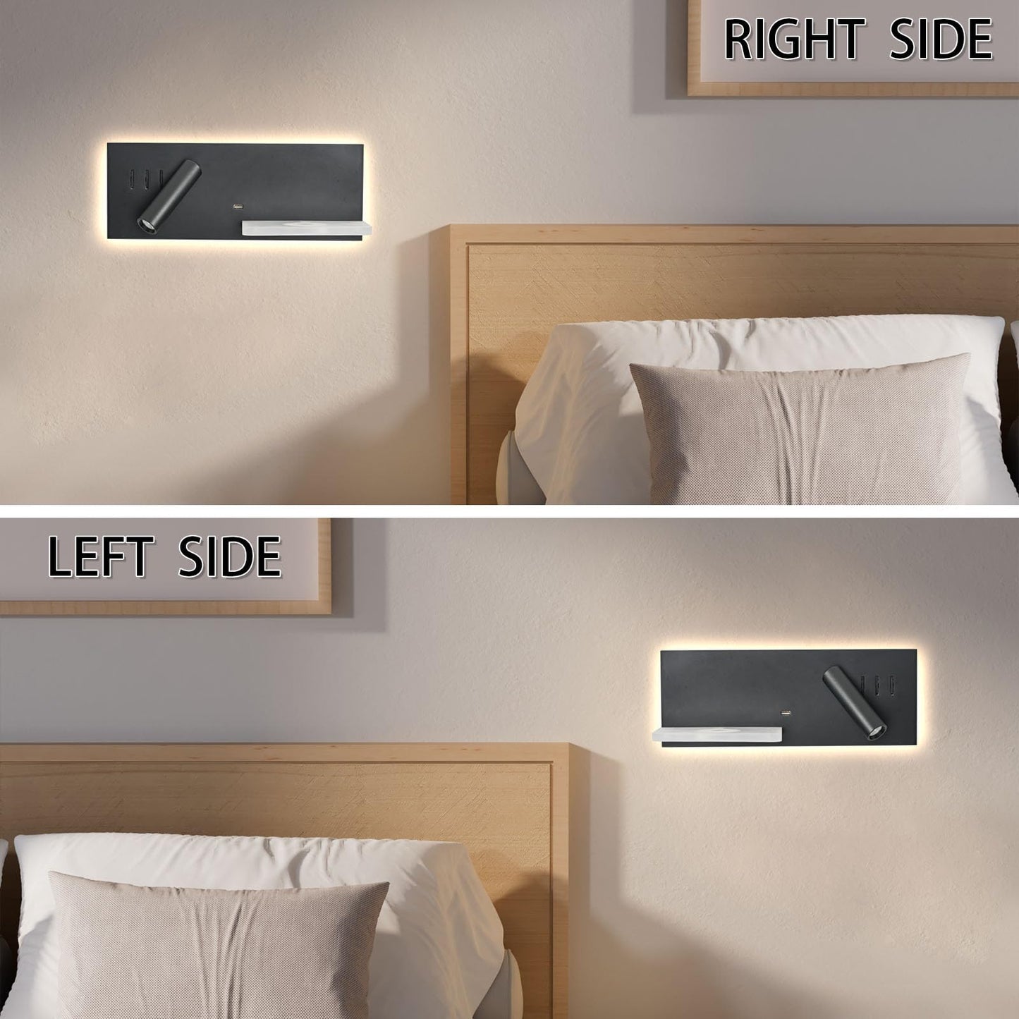 Reading Light Wall Mounted with Wireless Charger & USB Port, LED Book Light for Reading in Bed, Plug in Wall Light for Bedroom, 10W Background Light and 3W Spotlight 3000K Bedside Lamps