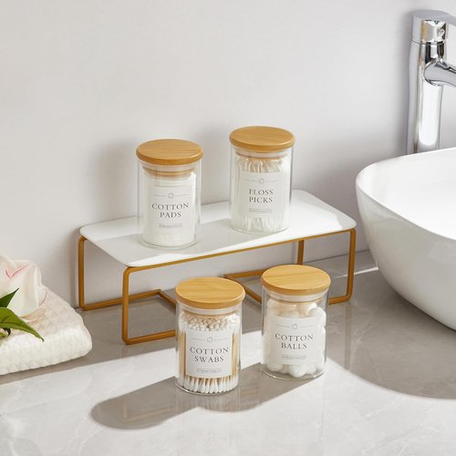 INIUNIK Qtip Holder Dispenser - Glass Apothecary Jars with Lids | Bamboo Bathroom Organizer Set
