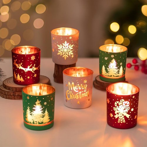 Hewory Christmas Votive Candle Holders - Set of 6 Cylinder Glass Tea Light Holders for Holiday Decor