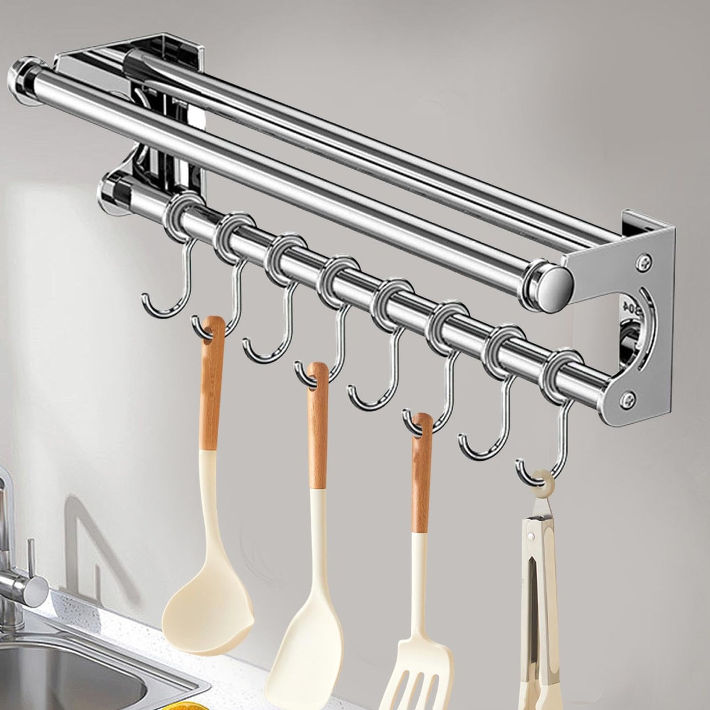 semofcen Kitchen Utensil Holder Hanger 30/40/50CM Stainless Steel Multifunctional Slide Rail Hook Space Saving Utensil Rack No Drilling Kitchen Rail for Hanging Cooking Utensils Mugs Spoons