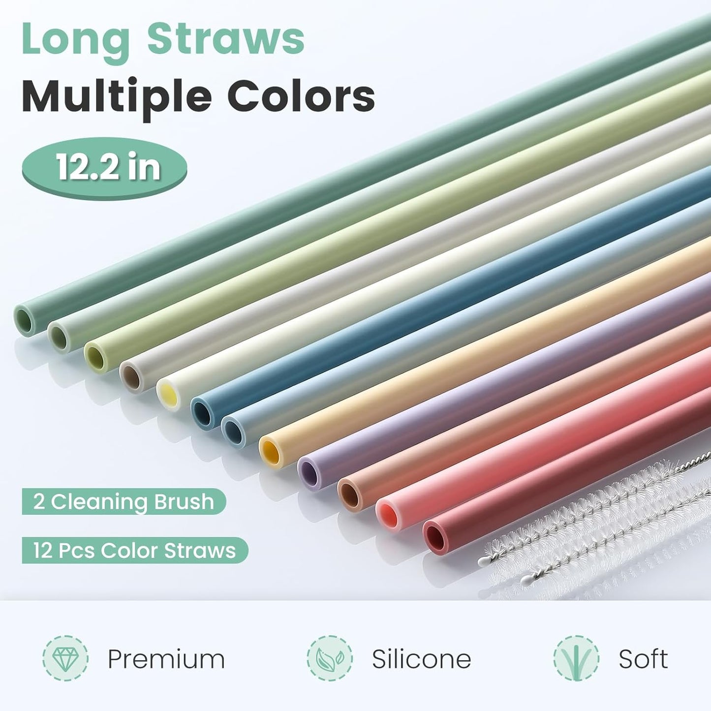 Skiennix 12-Pack Silicone Reusable Straws - Perfect Fit for Stanley 40 oz & 30 oz Tumblers | 12.2 Inch Long with 2 Cleaning Brushes
