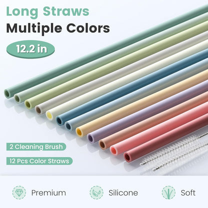 Skiennix 12-Pack Silicone Reusable Straws - Perfect Fit for Stanley 40 oz & 30 oz Tumblers | 12.2 Inch Long with 2 Cleaning Brushes