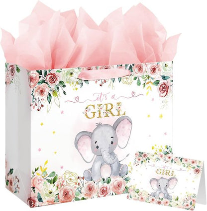 Laidans Large Pink Floral Elephant Baby Shower Gift Bag - Includes Tissue Paper & Card