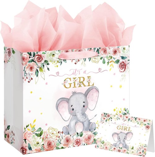 Laidans Large Pink Floral Elephant Baby Shower Gift Bag - Includes Tissue Paper & Card