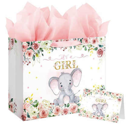Laidans 13" Large Baby Shower Birthday Gift Bag for Girl with Tissue Papers and Card Pink Floral Elephant Design with Handles (Large Pink)