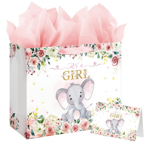 Laidans 13" Large Baby Shower Birthday Gift Bag for Girl with Tissue Papers and Card Pink Floral Elephant Design with Handles (Large Pink)