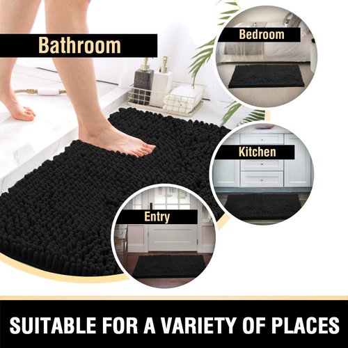 H.VERSAILTEX Black Bathroom Rug Set 2 Piece, Bath Mats for Bathroom Floor, Super Thick Soft Shaggy Chenille Bath Mats Machine Washable, Dry Fast Water Absorbent Bath Mats(20" x 32"/17" x 24")