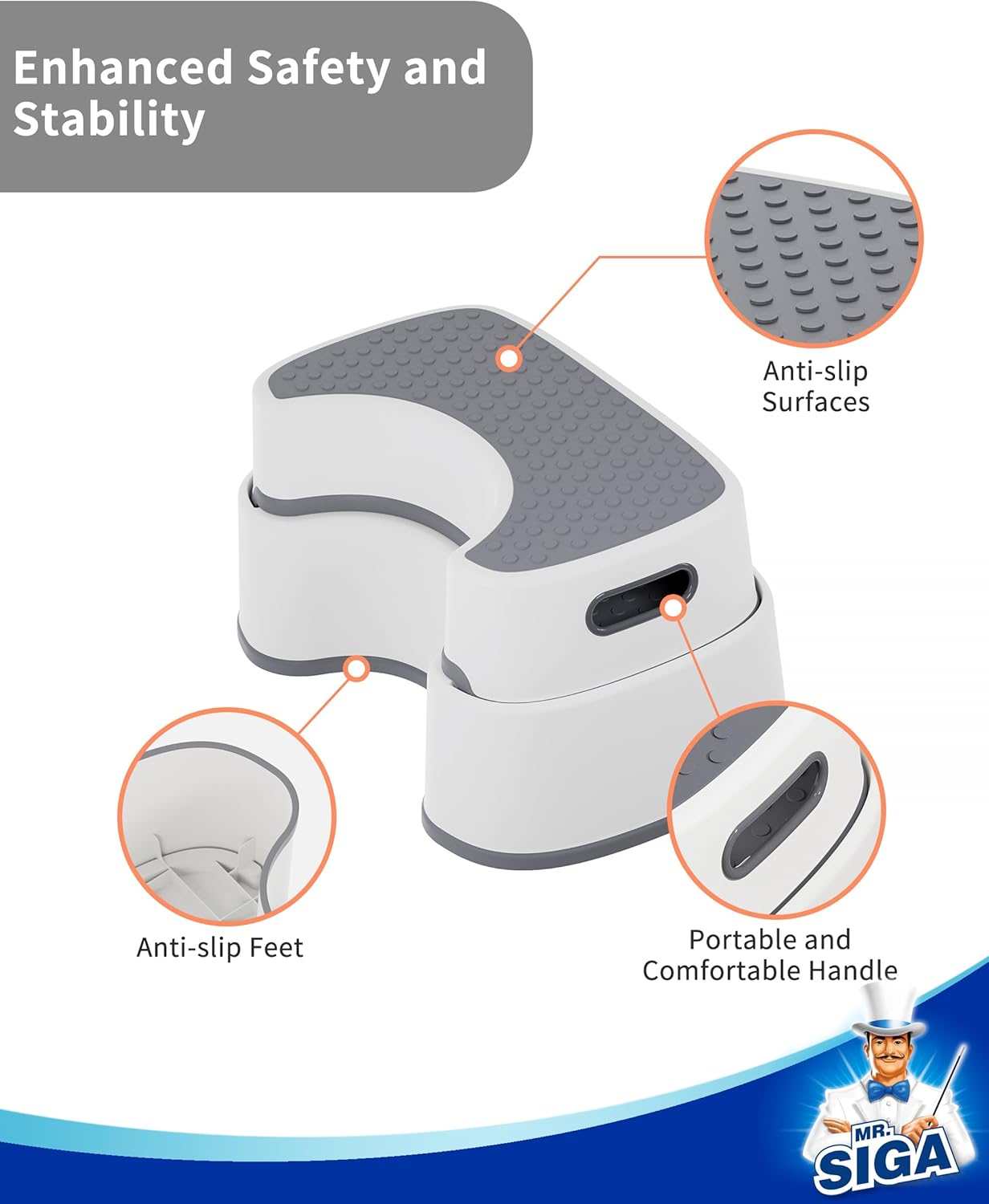 MR.SIGA Toilet Stool - Heavy Duty Squat Step for Adults & Kids | Anti-Slip Design in Off-White & Dark Gray