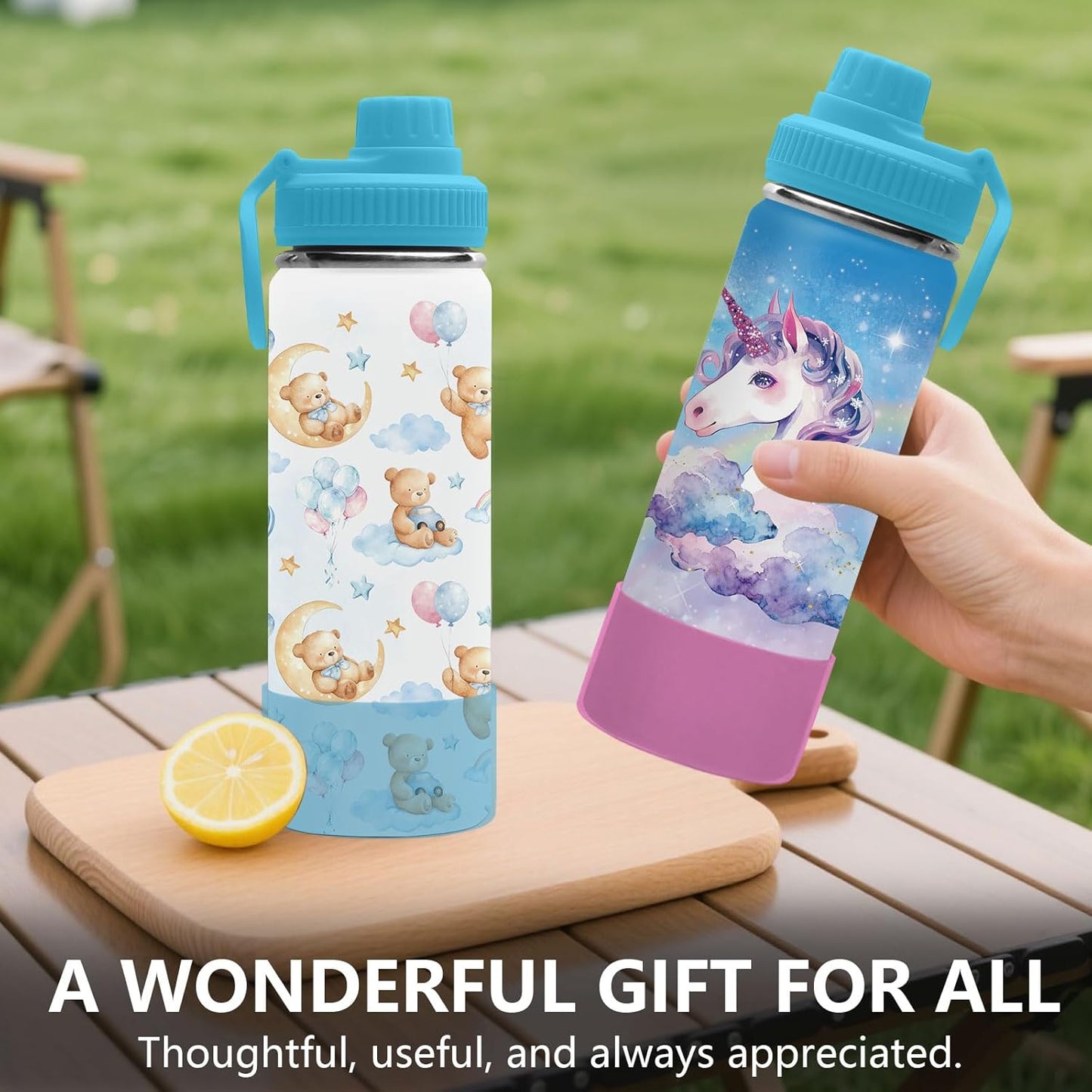 Skiennix Unicorn Water Bottle - 18oz Stainless Steel Insulated Tumbler with 2 Lids & Handle | Leak-Proof Design