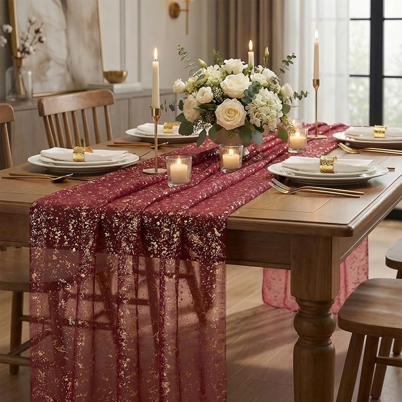 Artoid Mode Burgundy Gold Gauze Table Runner 120 Inch - 28 x 120 in, Glitter Foil