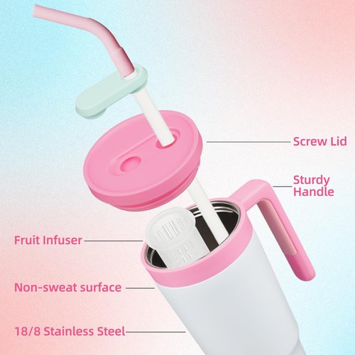 Insulated Tumbler with Handle and Straw,40 OZ Vacuum Stainless Steel Water Bottle Travel Mug Metal Cup with Fruit Diffuser,Pink Grey