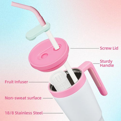 Insulated Tumbler with Handle and Straw,40 OZ Vacuum Stainless Steel Water Bottle Travel Mug Metal Cup with Fruit Diffuser,Pink Grey