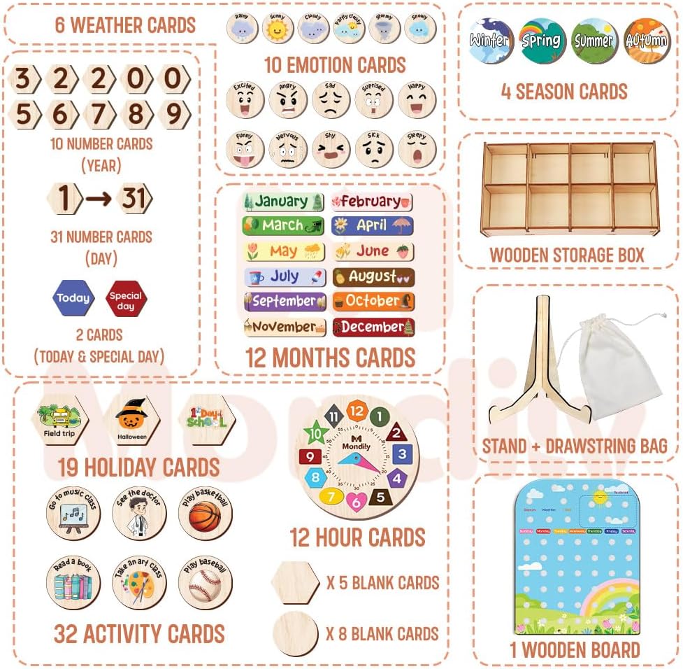 Skiennix Interactive Wooden Calendar for Kids Ages 3+ | Teach Seasons & Days | 12 x 15 Inches