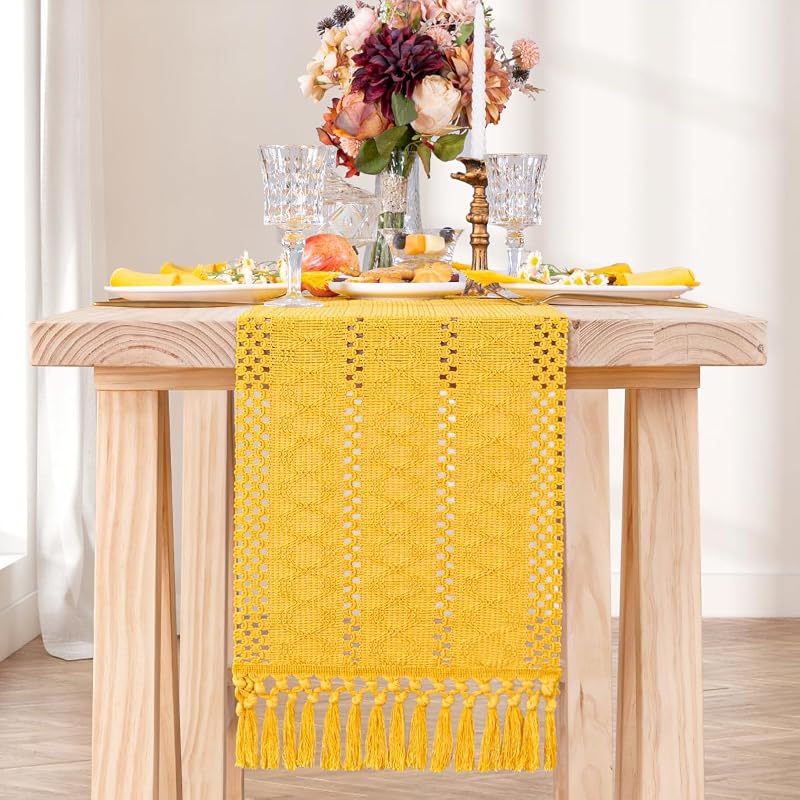 Mustard Yellow Macrame Table Runner 12 x 60 Inches with Tassels - Cotton Linen Blend, Boho Farmhouse Home Decor