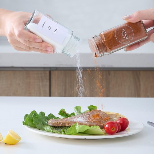 Fiwence 48 Pcs Glass Spice Jars with 576 Labels, 4oz Empty Square Spice Containers,Seasoning Bottles with Gold Metal Caps - Shaker Lids, Funnel and Chalk Pen Included