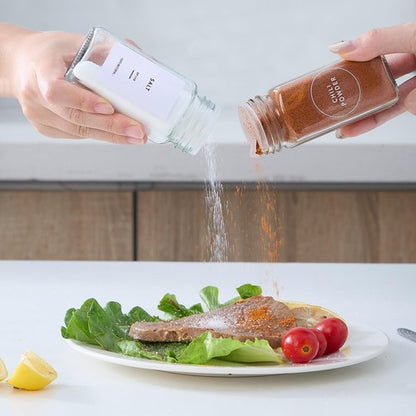 Fiwence 48 Pcs Glass Spice Jars with 576 Labels, 4oz Empty Square Spice Containers,Seasoning Bottles with Gold Metal Caps - Shaker Lids, Funnel and Chalk Pen Included