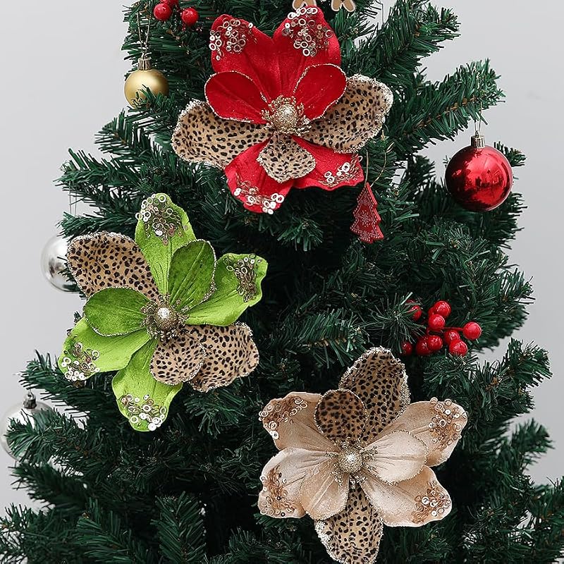8 Pieces Glitter Leopard Print Christmas Magnolia Flowers - Champagne