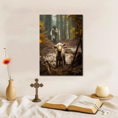 Framed Jesus and Lamb Canvas Wall Art - Christian Decor for Living Room, Bedroom & Prayer Room
