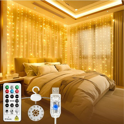 HXWEIYE 300LED Curtain Lights - 9.8x9.8Ft USB Fairy Twinkle String Lights with Remote & Timer | Warm White Decor
