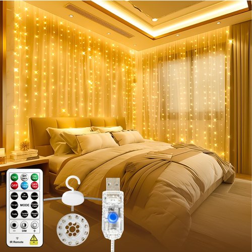 HXWEIYE 300LED Curtain Lights - 9.8x9.8Ft USB Fairy Twinkle String Lights with Remote & Timer | Warm White Decor