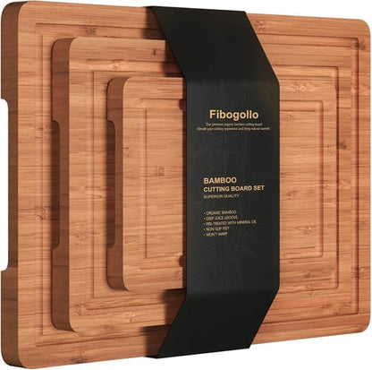 Bamboo Cutting Boards Set - Chopping Boards with Juice Groove for Kitchen Meal Prep | Set of 3