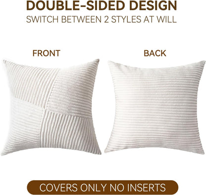 Skiennix Decorative Throw Pillow Covers - Set of 2, 18x18 Inch Boho Farmhouse Cushion Cases | Soft Cream White Corduroy