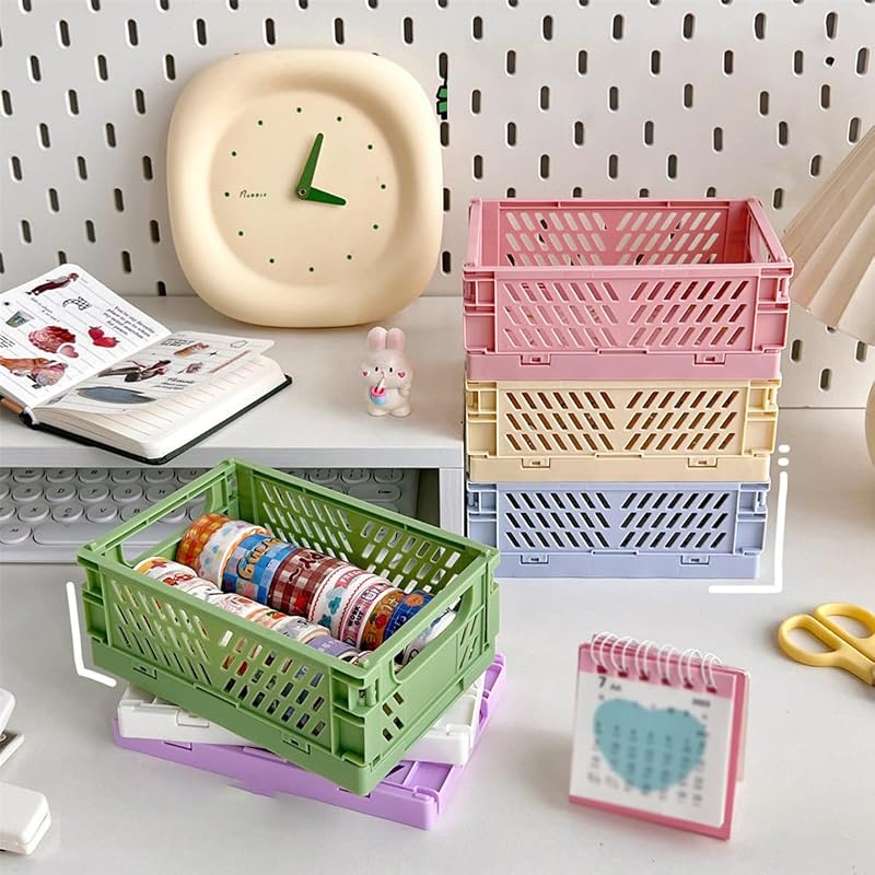 Blue Small Folding Storage Basket - Collapsible Desktop Organizer for Home Office, Makeup & Toiletries