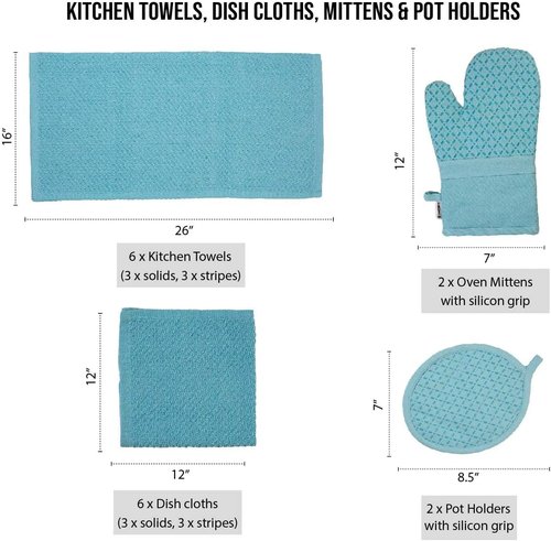 Lane Linen 16-Piece Kitchen Towel Set | Heat Resistant Oven Mitts & Pot Holders, Absorbent Dish Cloths - Aqua