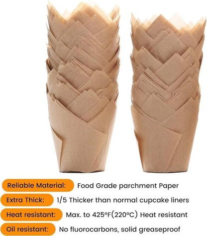 Bake Choice 400pcs Natural Tulip Cupcake Liners - Unbleached European Parchment Paper Muffin Wrappers for Parties & Holidays