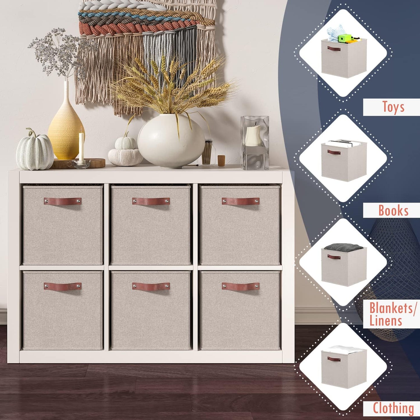 Ornavo Home Storage Cube Bins - Foldable Fabric Organizer with Leather Handles | 11x11, Beige, 6 Pack