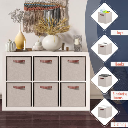 Ornavo Home Storage Cube Bins - Foldable Fabric Organizer with Leather Handles | 11x11, Beige, 6 Pack