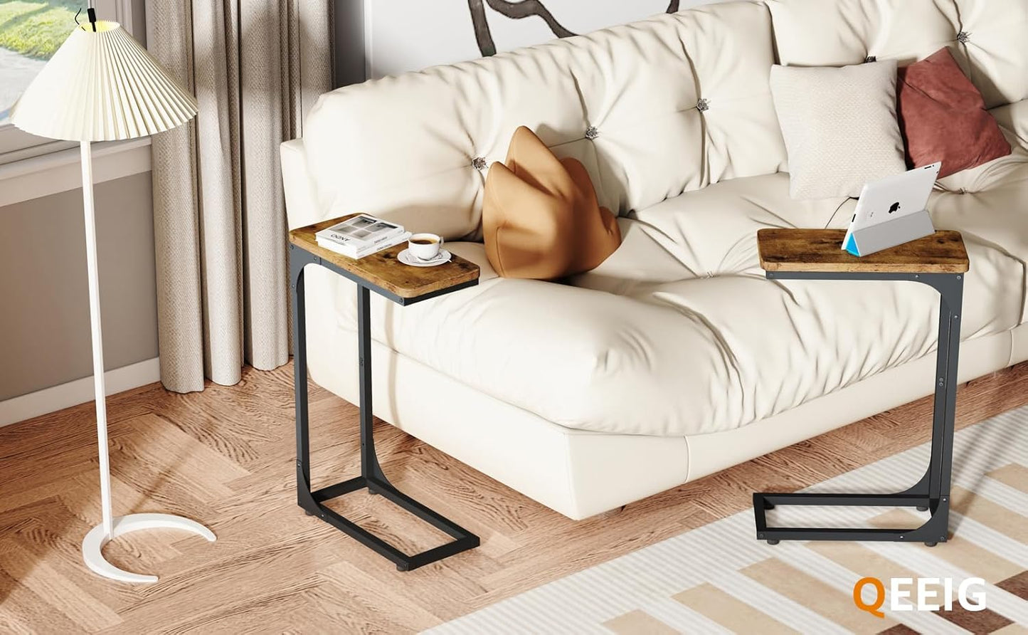 QEEIG Narrow C Shaped Side Table Set - Slim Couch Tray Tables in Rustic Brown | 7-Inch Width, Set of 2