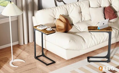 QEEIG Narrow C Shaped Side Table Set - Slim Couch Tray Tables in Rustic Brown | 7-Inch Width, Set of 2