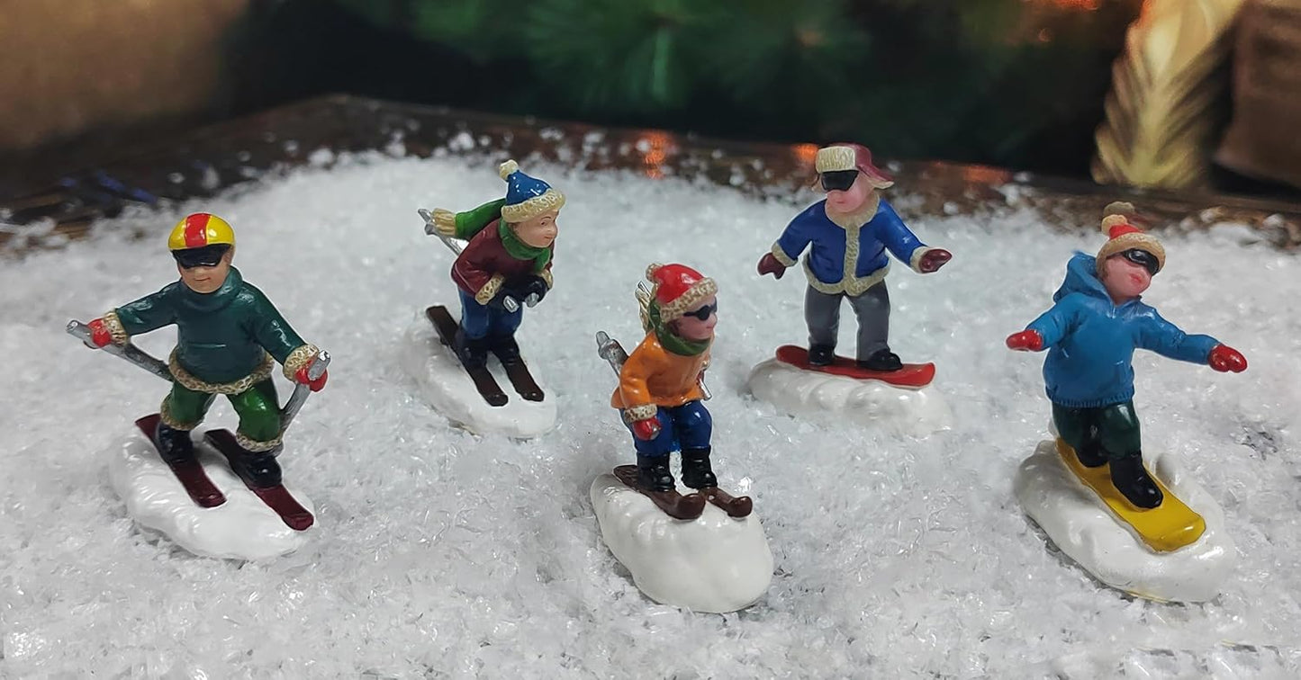 Moments In Time Christmas Village Set - Hand-Painted Skiing & Snowboarding Figures | 5-Piece Holiday Decor