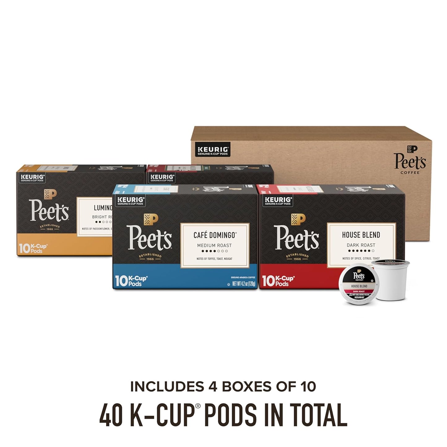 Peet's Coffee K-Cup Pods Variety Pack - 100% Arabica Coffee with Luminosa, Café Domingo & More | 40 Count